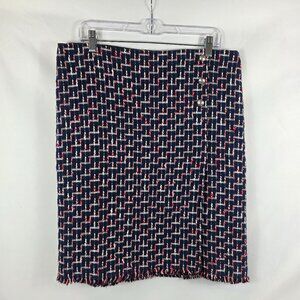 Talbots Tweed Skirt Women's Size 16 Blue, Red & White Geo Print Tweed Fringe Hem